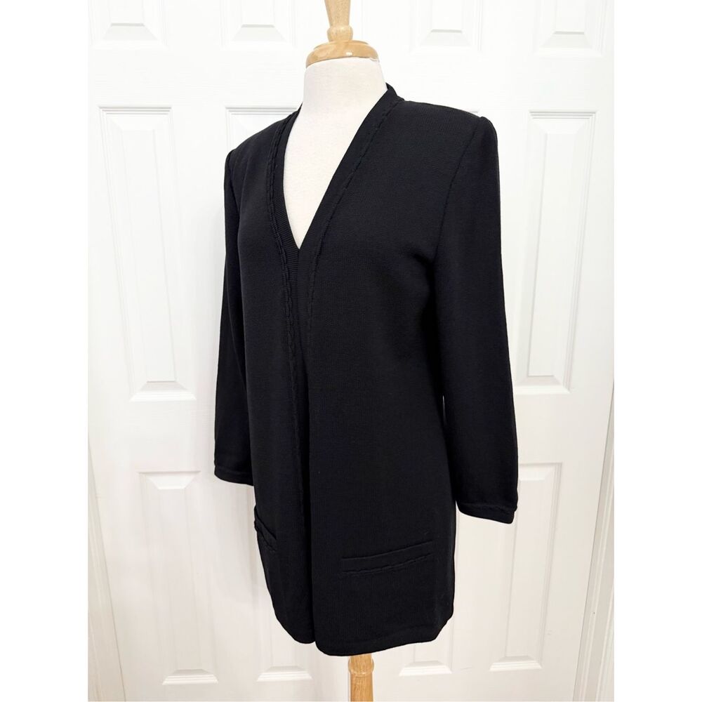 St John Basics Black V-Neck Open Front Long Cardigan Cable Novelty Sweater M